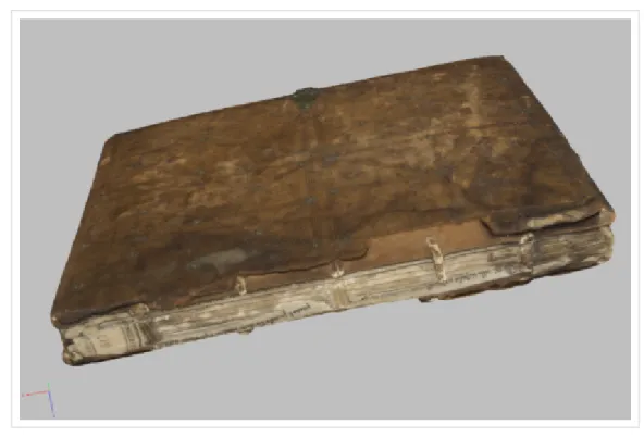 Figure  5  :  Capture  d’écran  du  modèle  3D  du  MS  Lyon  BM  479,  reliure  15e  siècle  et  fragment  de manuscrits hébreux (décrits par E