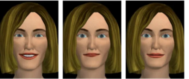 Fig. 3. Images of the three smiles (at the apex) with the most frequent characteristics identified in the database (from the left to the right) : amused smile, embarrassed smile and polite smile.
