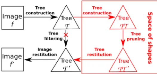 Fig. 1: Shape-space filtering framework: we replace the black path with the red path, thus extending the classical connected operator framework (black path).