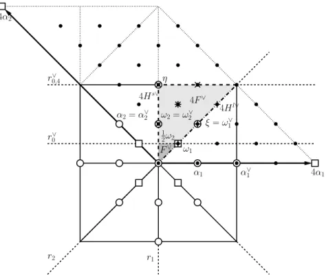 Figure 2.2. The grids of weights Λ s 4 (C 2 ) and Λ l 4 (C 2 ) of C 2 . The darker grey triangle is the fundamental domain F ∨ and the lighter grey triangle is the domain 4F ∨ 
