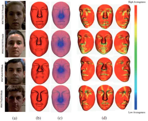 Figure 4: Illustrations of the averageness DSFs on faces. (a) 2D intensity image; (b) preprocessed 3D face surface S; (c) the 3D face S with extracted curves; (d) color-map of the Averageness DSF mapped on S with three poses.