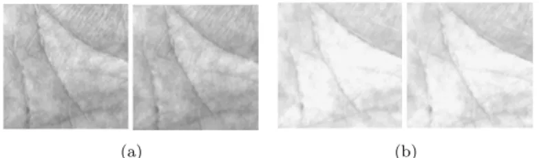 Fig. 7: Four palmprint ROI images from a same person in PolyU database (a) two images captured in the first session (b) two images captured in the second session.