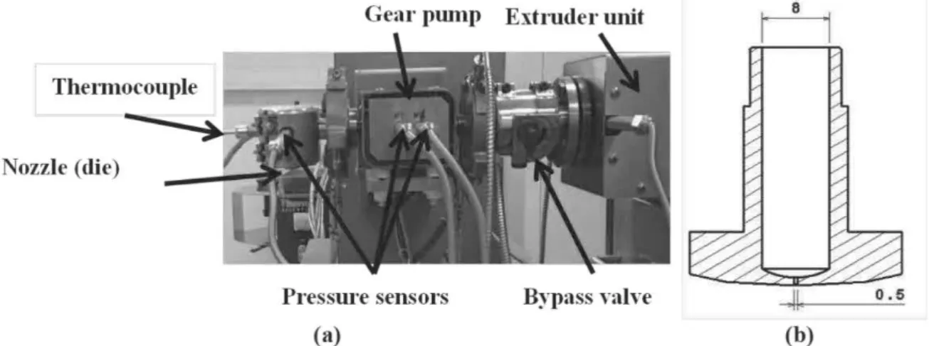 Figure 3: (a) Extruder system used for the experimental study. (b) Scheme of the 0.5-mm diameter nozzle