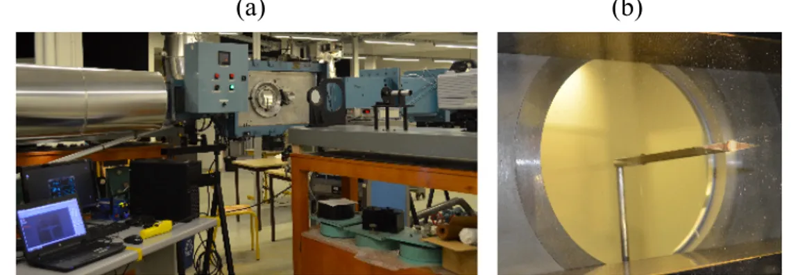Figure 3. (a) View of the wind tunnel equipped with Schlieren test bench and (b) detailed  view of the aileron in the test section  