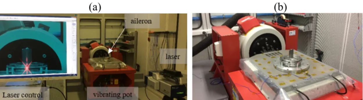 Figure 5. (a) Close view of the vibrating pot and (b) details of the laser scanner used for the  modal analysis 