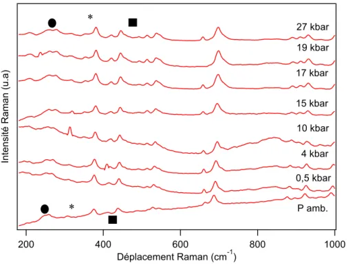 Figure 3.11 : Spectre Raman à basse fréquence à pression variable du complexe Fe(Btz) 2 (NCS) 2