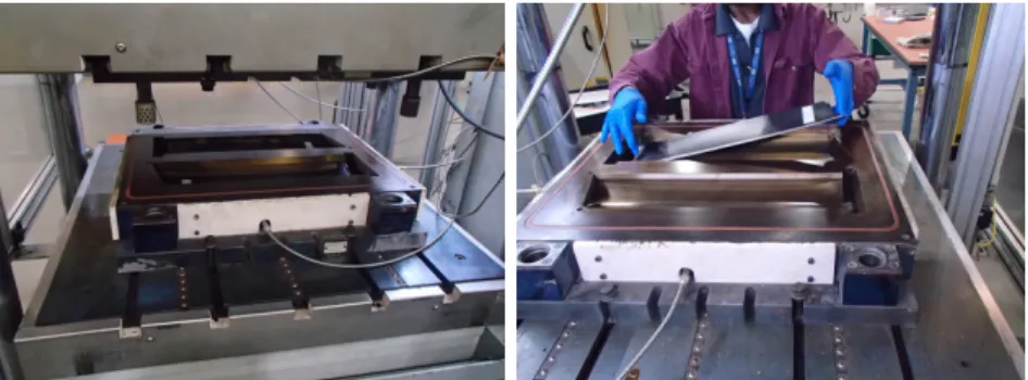 Figure 2: Global view of the press (left) and detail of an OGV part being produced (right)