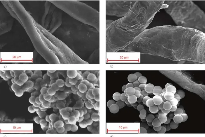 Figure 2. SEM micrographs of cellulose fibres (a, b) and particles of absorbent agent (c, d) before and after drying