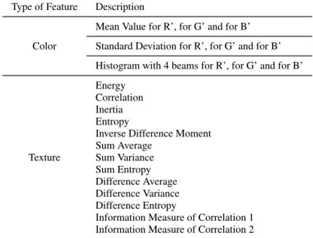 Table 2: The initial features based on color and texture