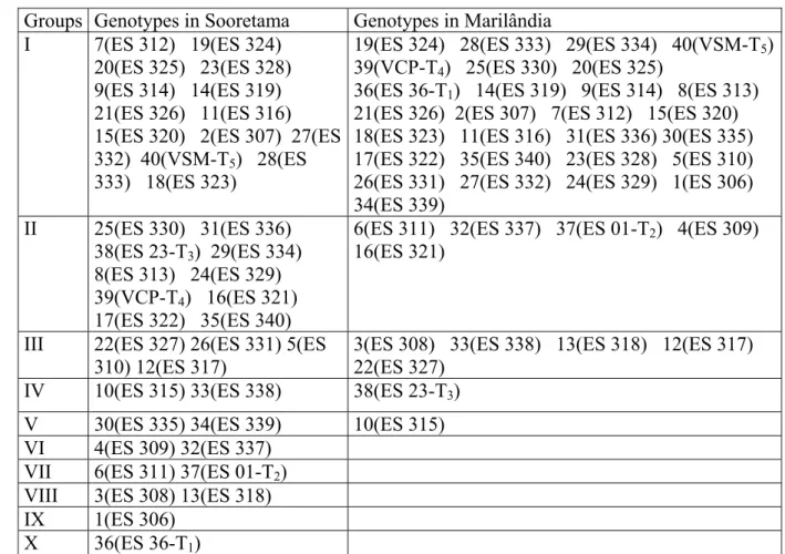 Table 1. Grouping, by the Tocher method, of 40 genotypes conilon coffee based or the  dissimilarity expressed by the generalized distance of Mahalanobis estimated from 14 