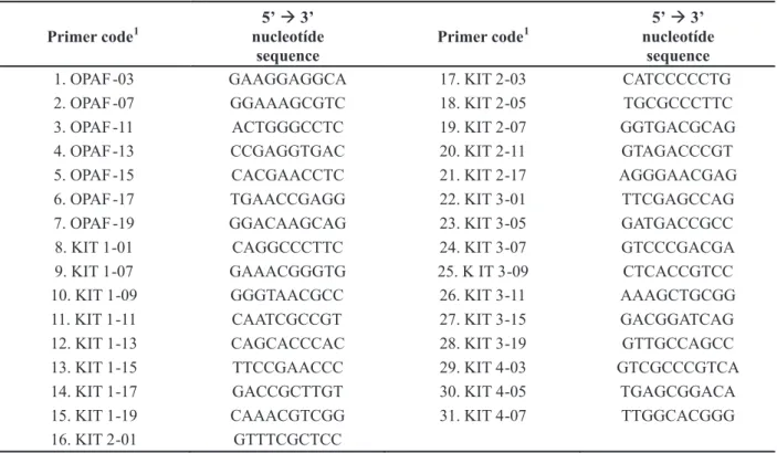 Table 2. Sequence of nucleotides of 31 primers that generated polymorphism patterns in the C
