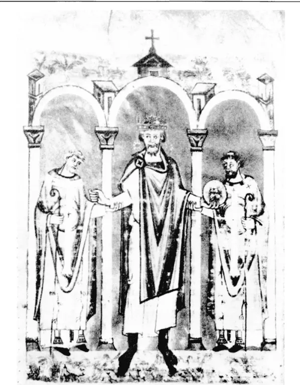 Fig.  3.  — Henri  II  et  deux  archevêques.  Bamberg,  Staatliche  Bibliothek,  ms.  lit