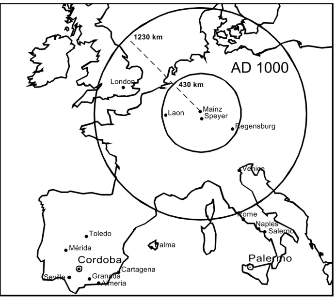 Figure 2.  Cities of Western Europe with populations of 25,000 or over in AD 1000