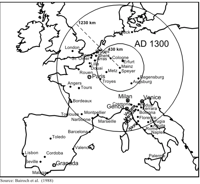 Figure 3.  Cities of Western Europe with populations of 25,000 or over in AD 1300