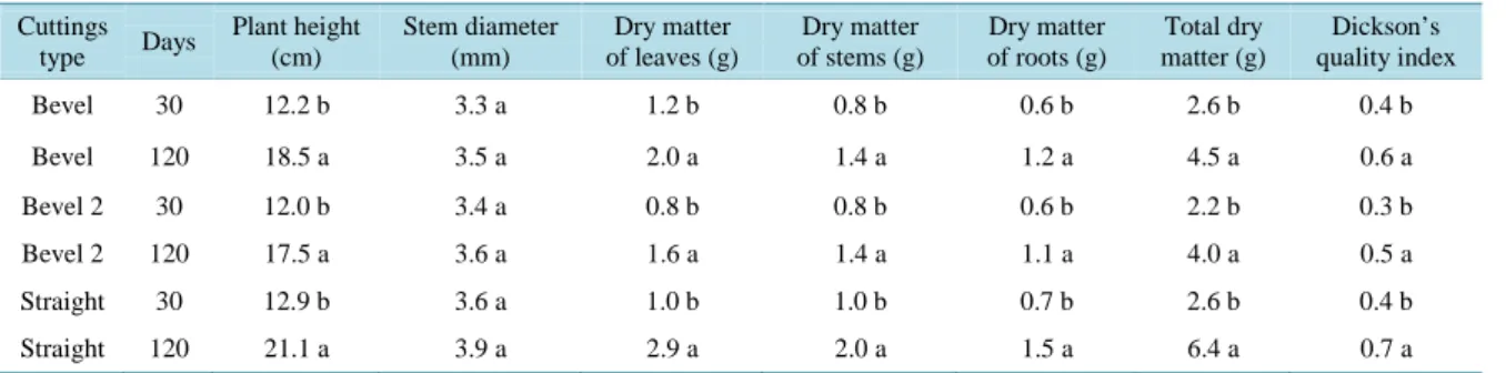 Figure 2. Plant height (A), stem diameter (B); dry matter accumulated of leaves (C); stems (D); roots (E) and total (F); and  Dickson’s quality index (G) of plantlets of conilon coffee produced with different types of cutting, at 30 and 120 days  (Means fo