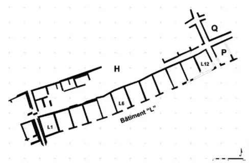 Fig. 6: Plan of commercial area at Argilos. Building L and Building H are labelled as such