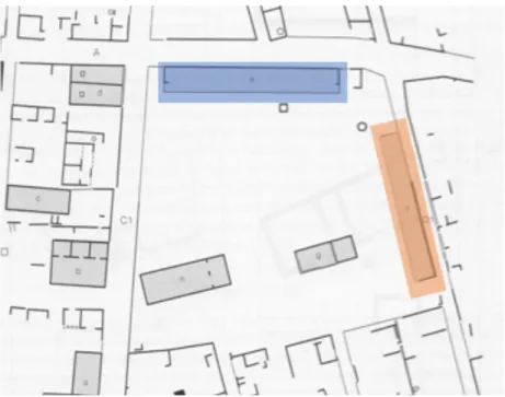 Fig. 9: Plan of stoas at Megara Hyblaea. Highlighting ‘batiment  e’ in blue and ‘batiment f’ in orange