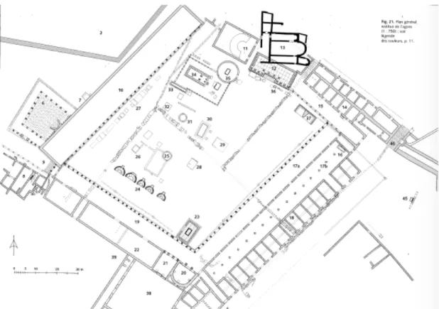 Fig. 12: Plan of agora at Thasos showing three sides of the Hellenistic colonnaded  courtyard agora