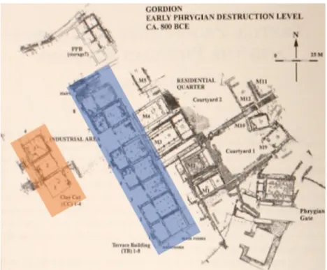 Fig. 13: Plan of Terrace Building (highlighted in blue) and Clay Cut Structure (highlighted  in orange) at Gordion