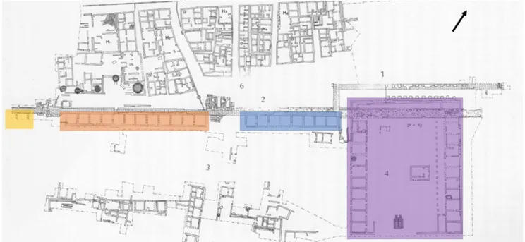 Fig. 14: Plan of Locri Epizefiri highlighting the Stoa U in purple, the first series of rooms in blue, the second  series of rooms in orange and the possible third series in yellow