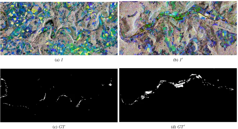 Fig. 1: Colorized SITS of two study areas I and I 0 , with corresponding reference flood maps.