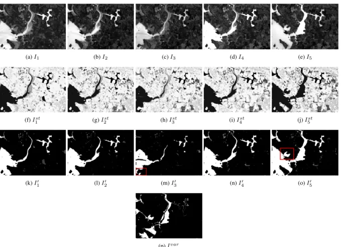 Figure 6. Intertidal Observation. a-e: Input Sentinel-2 NDWI images; f-j: Stability feature image for each time sample; k-o: Tide Observation for each time sample with our method; p: Tide observation with the pixelwise variation method.