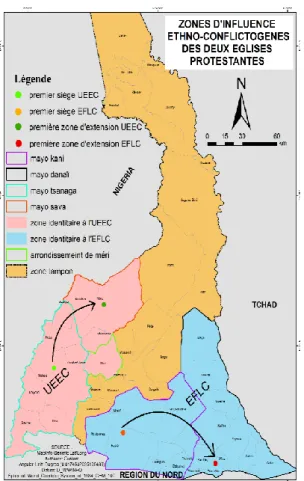Figure 1. Carte des zones ethno-conflictogènes des deux églises protestantes. 