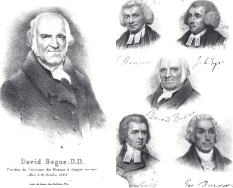 Figure 2 . À gauche : David Bogue (1750-1825) 122 . À droite : Bogue, figure cen- cen-trale de la fondation de la Mission de Londres, entouré de Thomas Haweis, John Eyer, John Love et George Burder 123 .