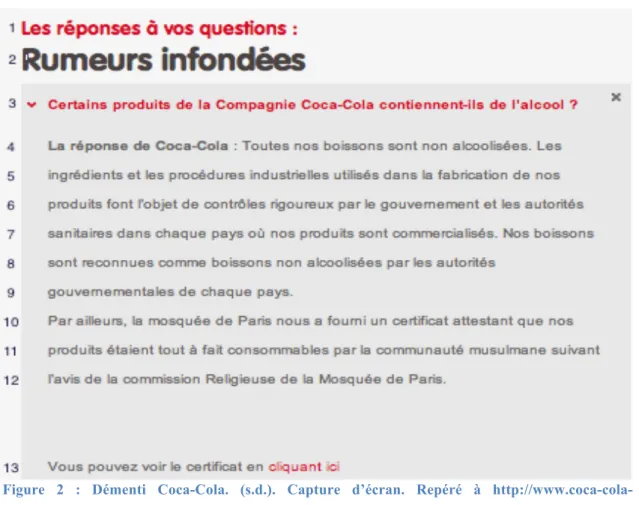 Figure  2  :  Démenti  Coca-Cola.  (s.d.).  Capture  d’écran.  Repéré  à  http://www.coca-cola- http://www.coca-cola- france.fr/contact/espace-consomateur/reponses-a-vos-questions/faq-coca-cola/Rumeursinfondees-2.html 