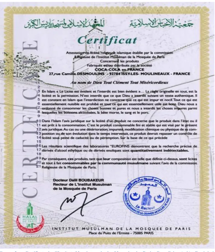 Figure  3  :  Certificat  de  l’Institut  Musulman  de  la  Mosquée  de  Paris  Coca-Cola