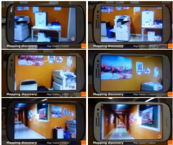 Fig. 1. Augmentation of a store front. On the left the live rep- rep-resentation of the augmentations (tablet, orange phone, white phone)
