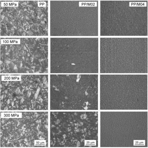 Figure 5. PLM micrographs of thin sections of neat and nucleated PP crystallized during cooling under various pressures  according to protocol I