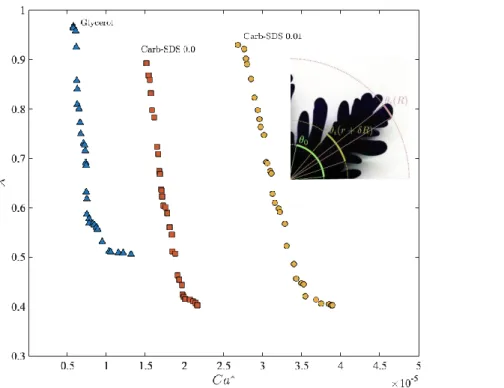 FIG. 8.  The dimensionless relative finger width variation as a function of capillary number for Glycerol, Carbopol and mixed Carbopol- Carbopol-SDS solutions