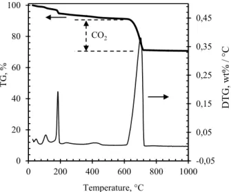 Fig. 2. Example of TG analysis of the solid powder obtained after 30 min of reaction between CaCO 3  and NH 4 H 2 PO 4  at 80 °C