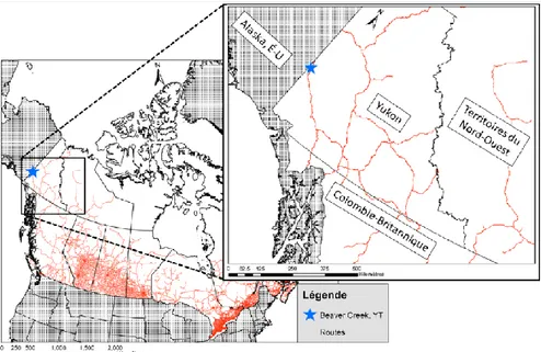 Figure 5 – Localisation de Beaver Creek, Yukon, au sein du Canada (RNCan, 2014a; 2014b)