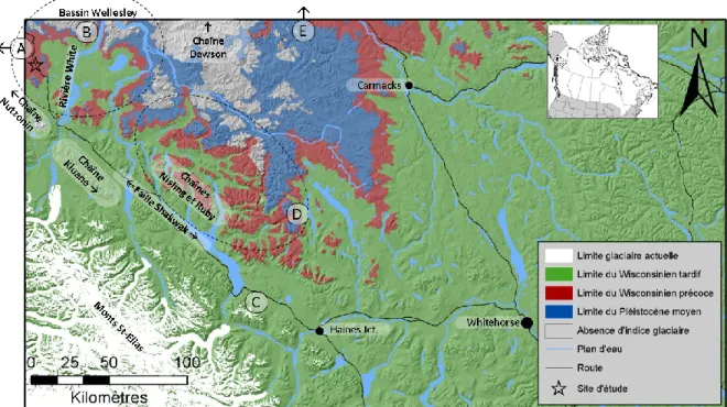 Figure 9 – Limites de répartition des glaciers dans la région selon les données de la Commission Géologique du  Yukon (Duk-Rodkin, 1999)