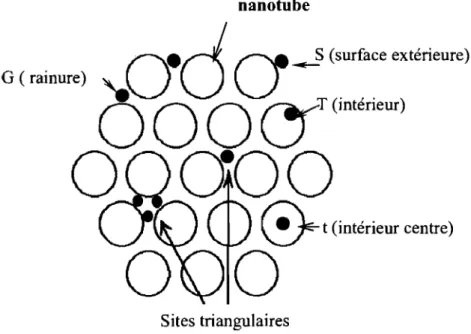 Figure  /11.1:  Schéma  des  différents  sites  d'intercalation  de  dopants  dans  un faisceau  de  nanotubes de carbone monofeuillets (SWNT)