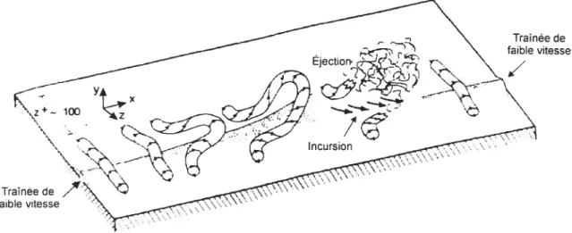 figure 1.3 Développement du cycle éjection-incursion à partir du soulèvement des traînées de faible vitesse selon le modèle des vortex en forme de fer à cheval (d’après Allen, 1985).