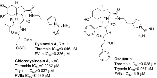 Figure 5. Structures and enzymatic activities of the natural aeruginosins  dysinosin A, chlorodysinosin A, and oscillarin