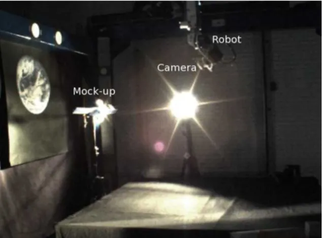Fig. 4: The experimental setup. It includes Amazonas 2 mock-up, camera mounted on the robot end-effector and a light.