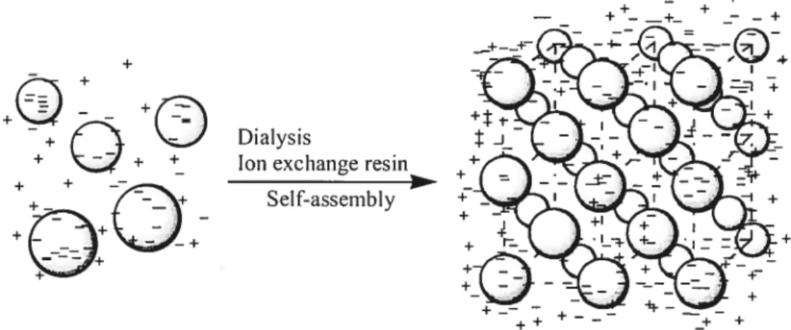 Figure 1.4. Assernbly of charged polystyrene (PS) by electrostatic repulsion (copied and modified from original in ref 51).