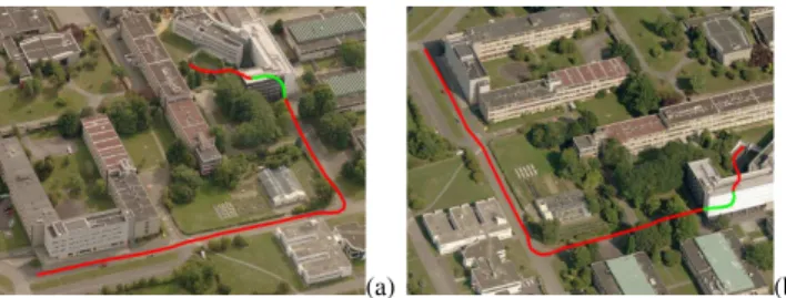 Fig. 5. Outdoor environment with an approximation of the learned trajectory (the red part is the trajectory executed under a covered parking lot)