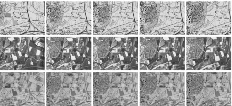 Fig. 8. Multi-modal visual servoing in a navigation task. First row: desired images (acquired during the learning step) ; second row: current images ; third row : desired images overlaid on the current ones.