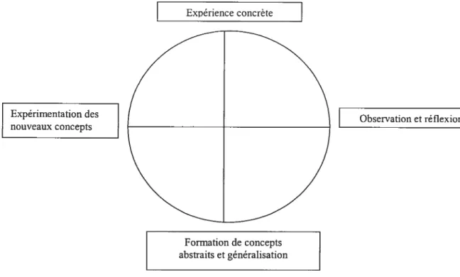 Figure 7: Les quatre étapes de t ‘apprentissage selon Lewin (1951) Expérience concrète Expérimentation des nouveaux concepts formation de concepts abstraits et généralisation