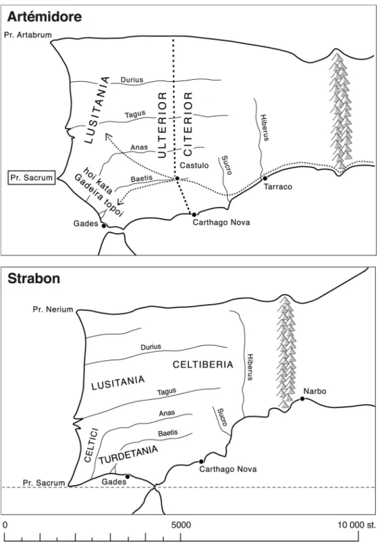 Figure 1. Forme d’ensemble de la péninsule Ibérique, restituée hypothétiquement  d’après les indications et les mesures du P.Artemid., en haut, et de la Géographie  de  Strabon,  en  bas  (Moret  à  paraître)