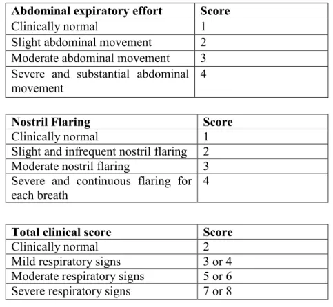 Table  1  Description of the respiratory clinical scores performed on the subject horses  during the experimental phase of the project 