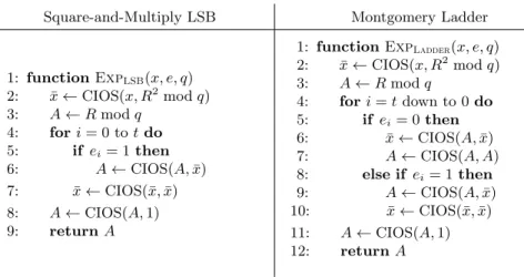 Fig. 3. Two of the exponentiation algorithms considered in this paper. In each case, e 0 , 