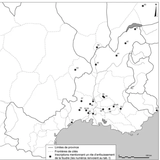 Fig. 1 – Carte de distribution des attestations de fulgur conditum en Narbonnaise   et dans les régions voisines (DAO : N