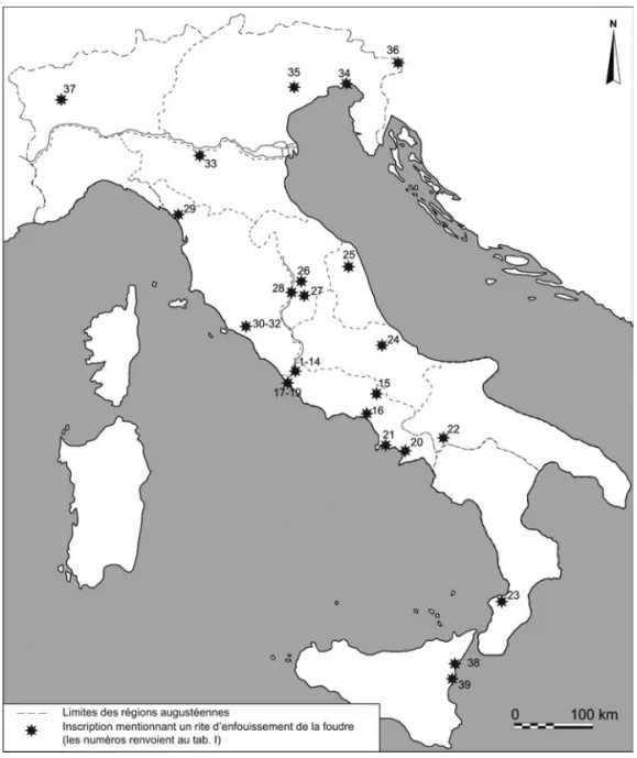 Fig. 2 – Carte de distribution des attestations de fulgur conditum en Italie   (DAO : N