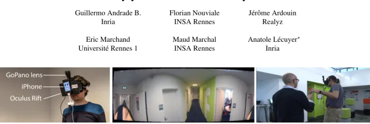 Figure 1: Our novel FlyVIZ v2 prototype: (Left) Overview of the system and its main components; (Middle) 360° panoramic image displayed in the HMD when walking in a corridor; (Right) User grabbing an object located outside his natural field-of-view.